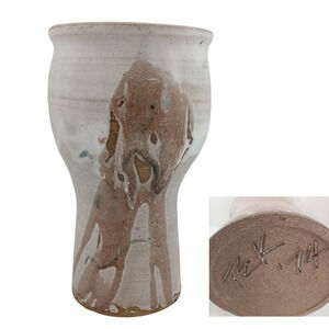 Handmade Studio Pottery Vase Signed ’74 – Unique Glaze Drip Artisan Ceramic 9"